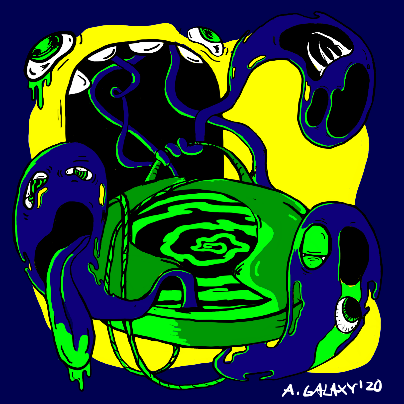 Image Description: Illustrated image in full colour. The background is solid dark blue, with a bright yellow free-form, fluid shape as mid ground. There is a disembodied pair of teary eyes, with bright green tears dripping from the left one. Its mouth is agape with rounded teeth, and three indigo ghosts with lime green accents exiting from the mouth. In between them there is a bright green lock with a spiral pattern in the keyhole. One ghost on the left of it has their tongue hanging out with a dopey smile on their face, they have the same spiral pattern in their eyes as the lock. Another on the right has one eye shut tight and the other with an eyeball sliding from the socket. The third ghost above the lock has empty eye sockets and sharp teeth with a large smile. 

            11in x 11in printed on matte cardstock, Full Colour.